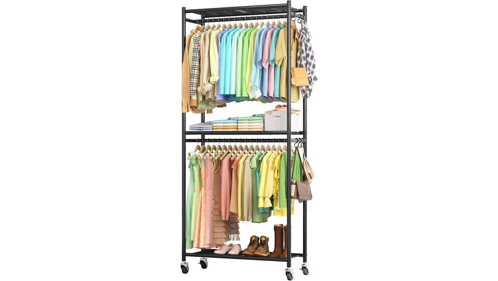 black wheeled clothes rack