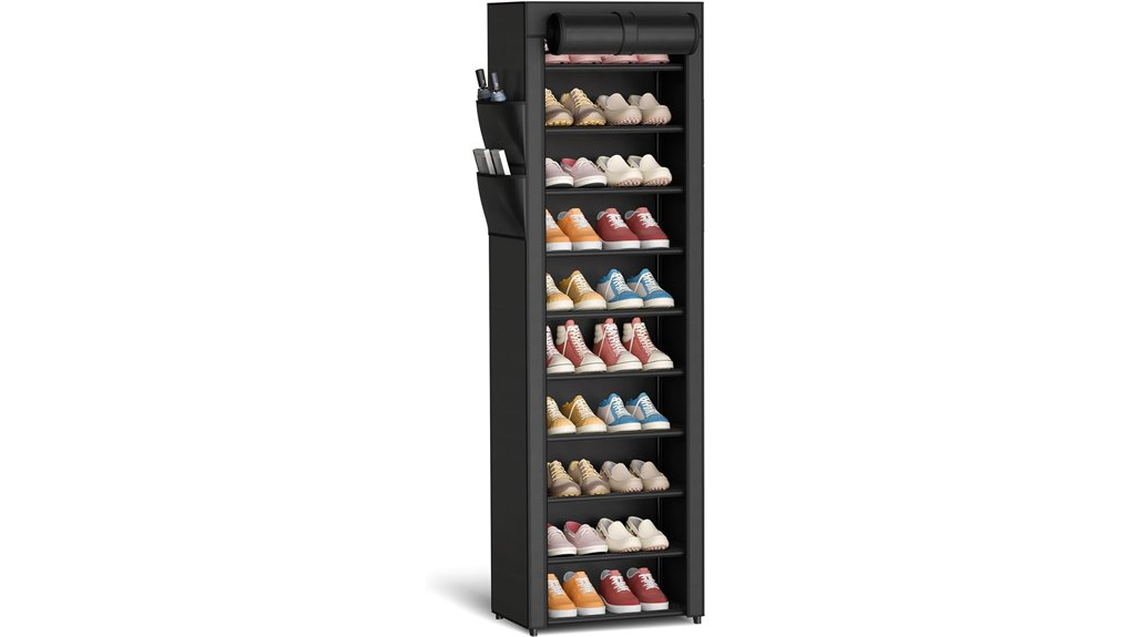dust covered 10 tier shoe rack