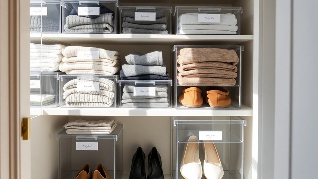 organize closet with clear bins