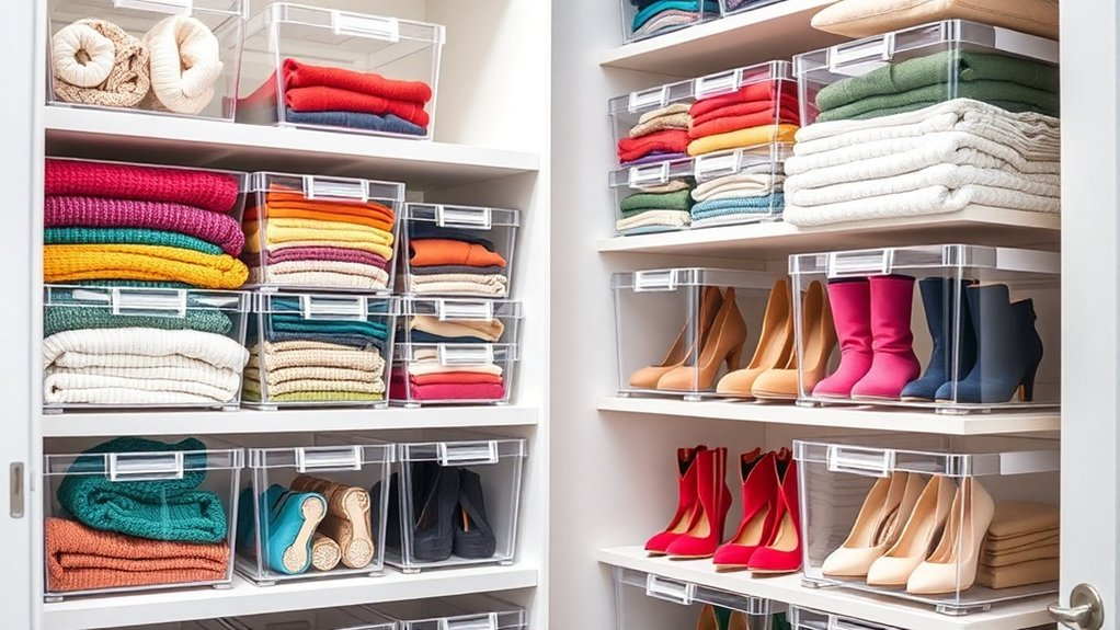 organized closets with clear bins