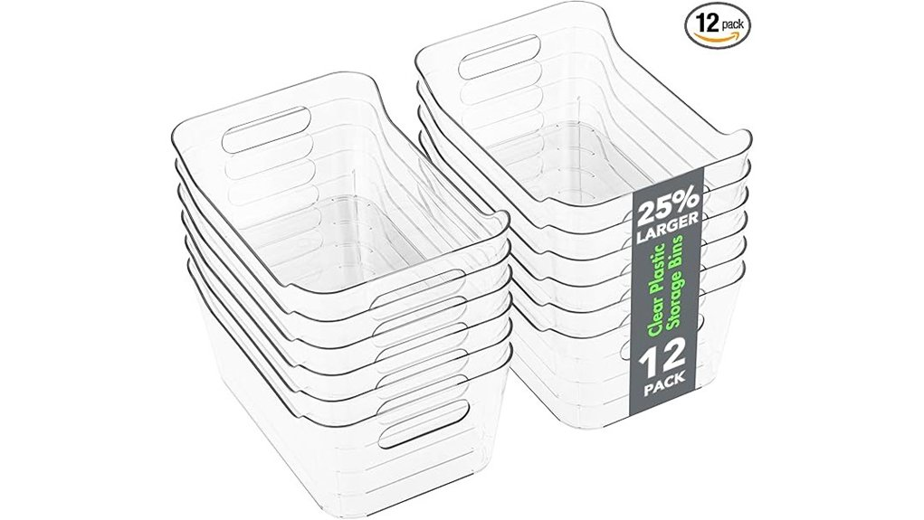 twelve plastic storage bins